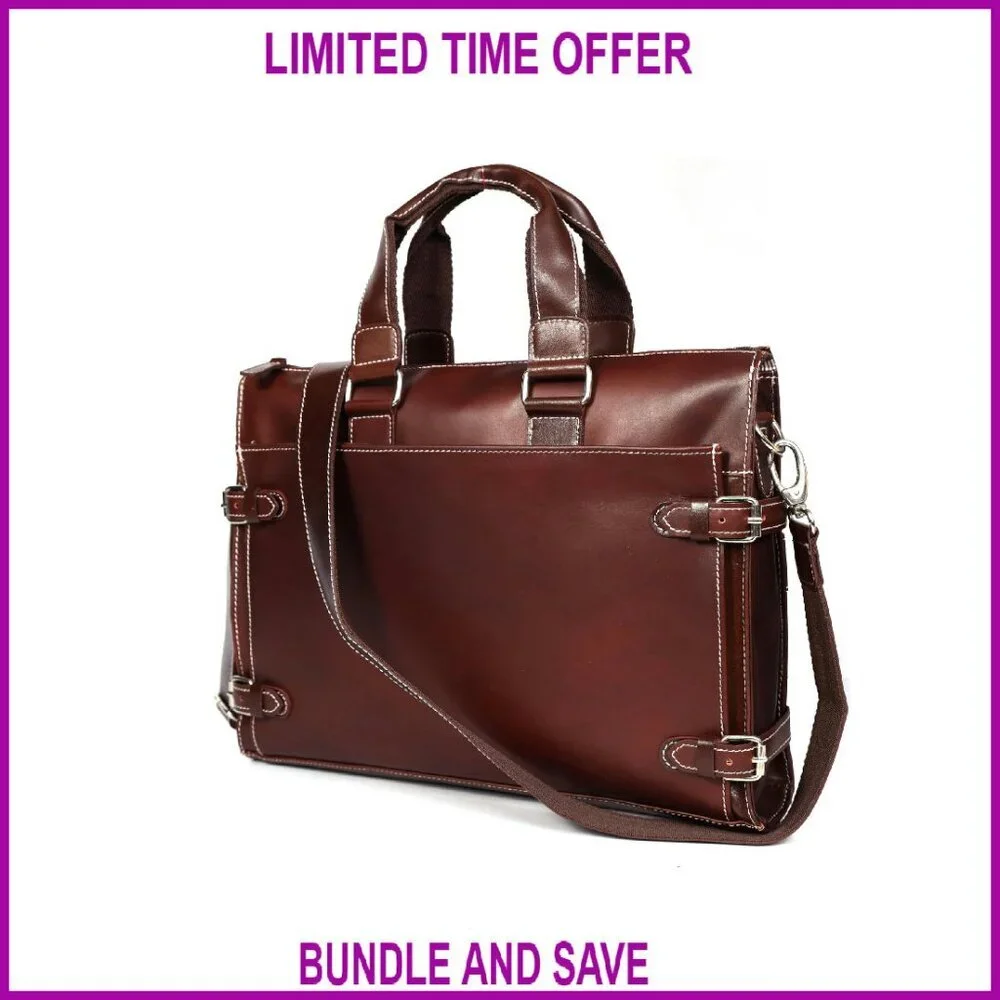 Leather Laptop Briefcase for Men, 3 Zipper Pockets, Fits 16-inch Laptop